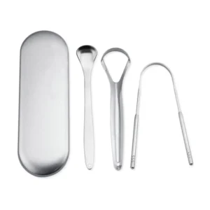 This stainless steel tongue scraper kit includes four different shaped cleaners to effectively remove bacteria and freshen breath, plus a convenient storage box.