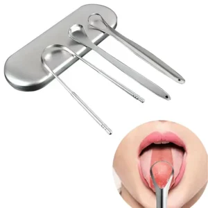 This stainless steel tongue scraper 3-pack comes with a travel case and offers a U-shaped, hollowed-out, and spooned cleaner to help reduce bad breath.