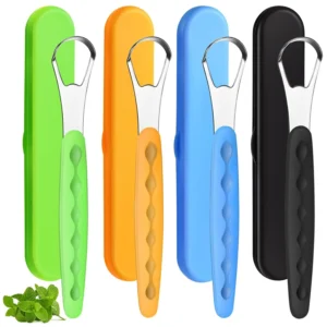 This set of four stainless steel tongue scrapers in orange, black, green, and blue helps adults and kids reduce bad breath and improve oral hygiene, complete with travel cases.