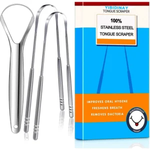 This stainless steel tongue scraper effectively removes bacteria and freshens breath for improved oral hygiene.