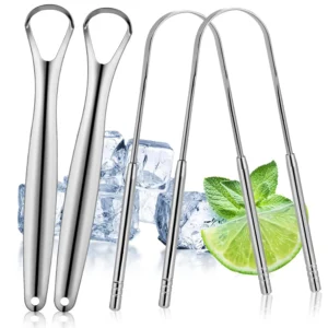 This image shows a four pack of stainless steel tongue scrapers designed to effectively improve oral and gut health, eliminate bad breath, and enhance your sense of taste.