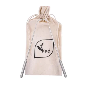 Medical grade stainless steel tongue scraper with ergonomic design and travel bag helps improve oral hygiene and provide fresh breath by removing bacteria from the tongue's surface.