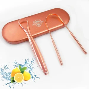 This two-piece stainless steel tongue scraper set includes both U-shaped and hollow spoon cleaners for effective removal of bacteria and improved oral hygiene, presented with a metal travel case.