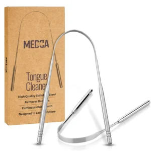 This stainless steel tongue scraper removes build-up, reaches the entire tongue, and helps eliminate bad breath.