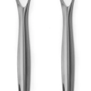 Two stainless steel tongue scrapers designed to effectively remove bacteria and freshen breath for adults.