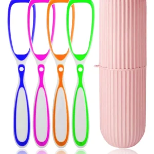 This image displays a pack of four tongue cleaners alongside a portable, capsule-shaped toothbrush and toothpaste holder perfect for travel, promoting oral hygiene and fresh breath.