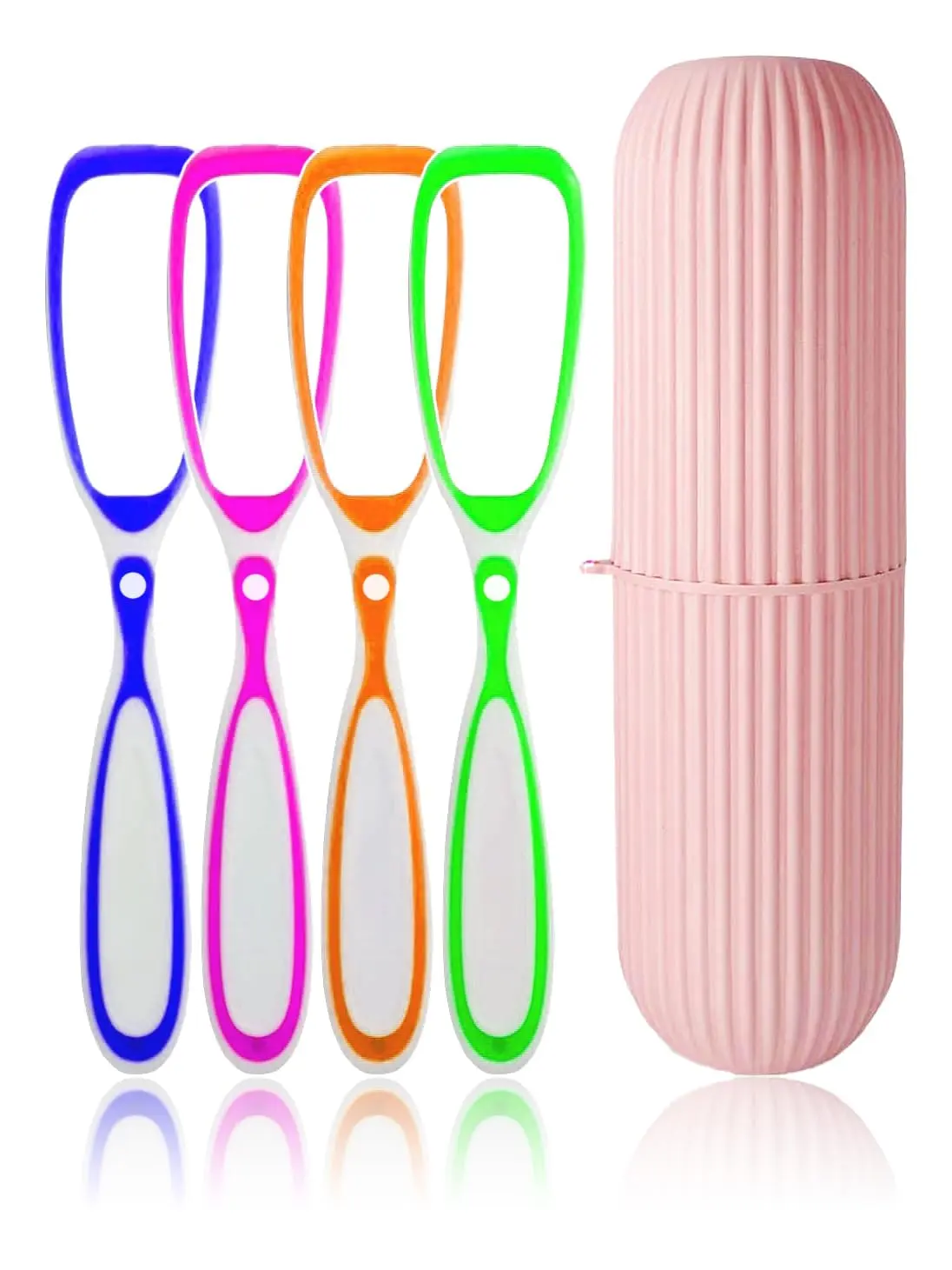This image displays a pack of four tongue cleaners alongside a portable, capsule-shaped toothbrush and toothpaste holder perfect for travel, promoting oral hygiene and fresh breath.