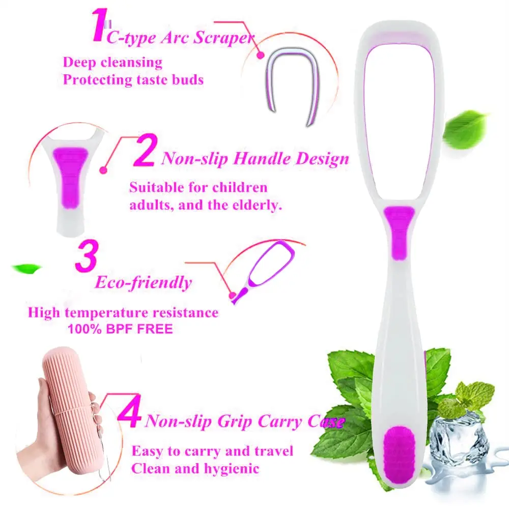 This image displays a pack of four tongue cleaners alongside a portable, capsule-shaped toothbrush and toothpaste holder perfect for travel, promoting oral hygiene and fresh breath.