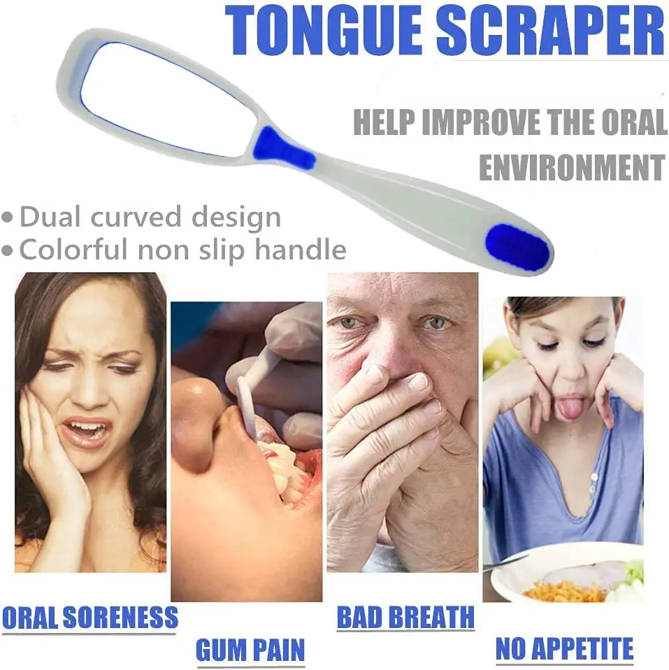 This image displays a pack of four tongue cleaners alongside a portable, capsule-shaped toothbrush and toothpaste holder perfect for travel, promoting oral hygiene and fresh breath.