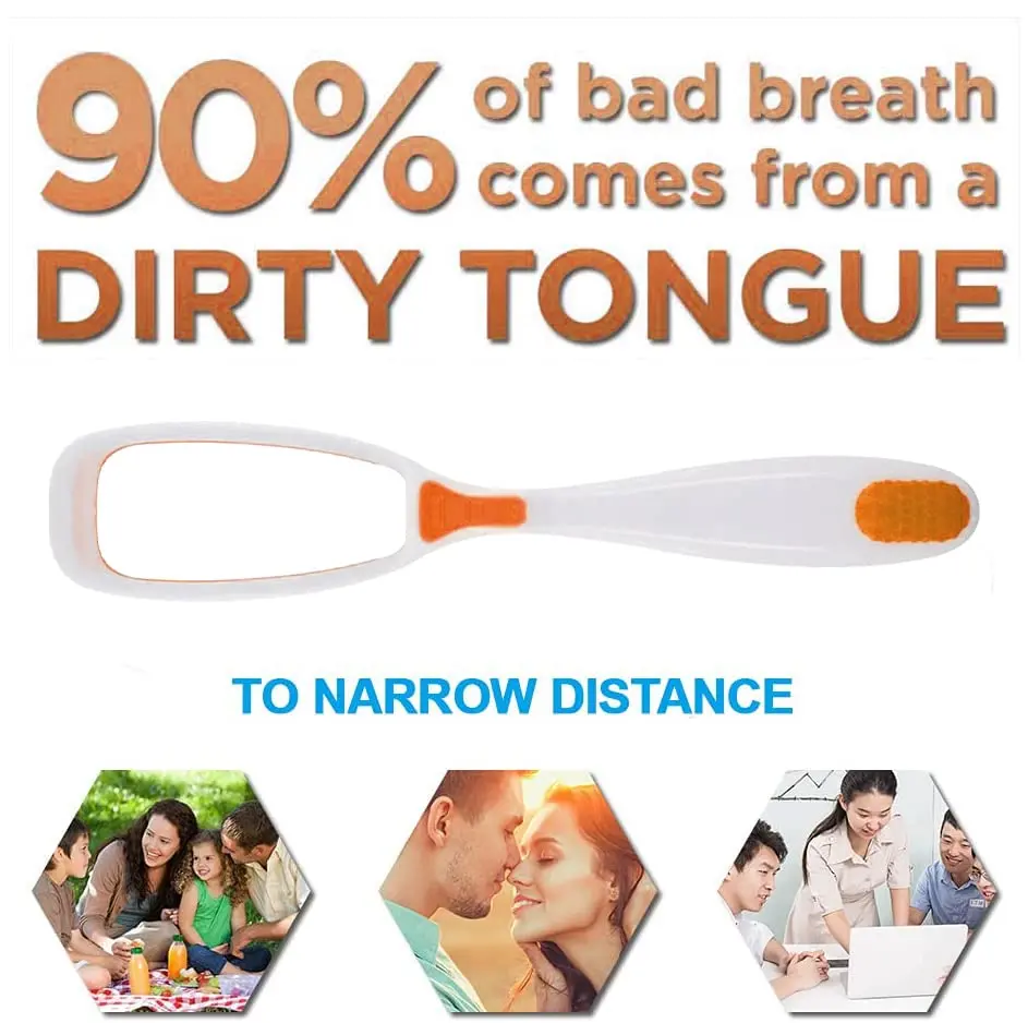 This image displays a pack of four tongue cleaners alongside a portable, capsule-shaped toothbrush and toothpaste holder perfect for travel, promoting oral hygiene and fresh breath.