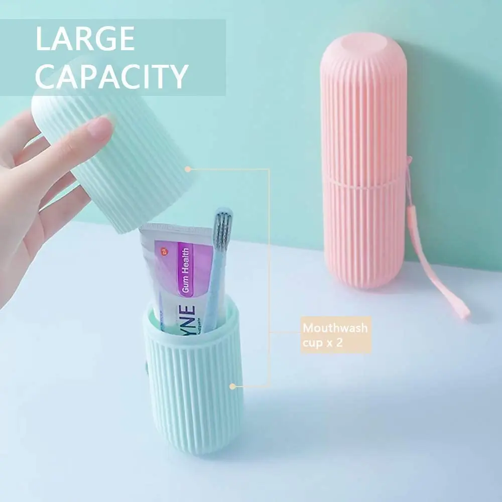 This image displays a pack of four tongue cleaners alongside a portable, capsule-shaped toothbrush and toothpaste holder perfect for travel, promoting oral hygiene and fresh breath.