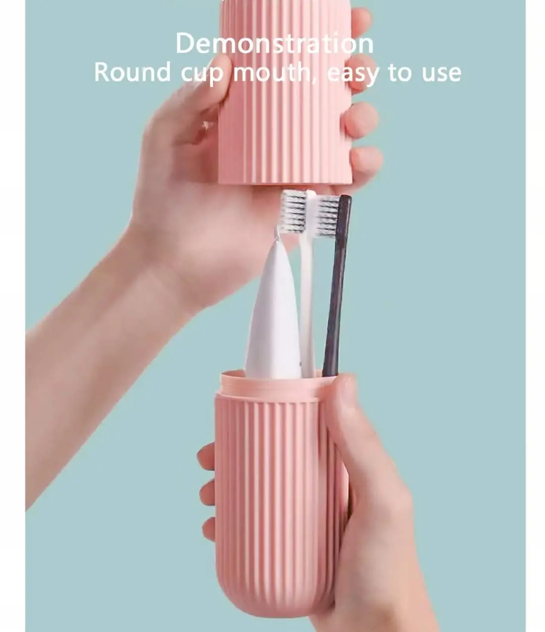 This image displays a pack of four tongue cleaners alongside a portable, capsule-shaped toothbrush and toothpaste holder perfect for travel, promoting oral hygiene and fresh breath.