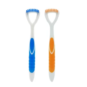 This image shows a two-pack of tongue scraper brushes in blue and orange, designed with micro bristles and a built-in scraper to effectively clean the tongue and reduce bad breath.