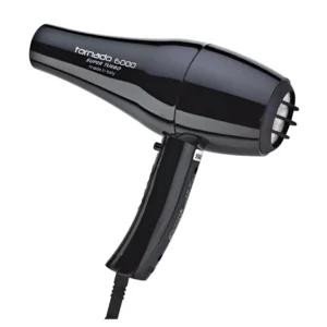 Black Tornado 6000 professional hair dryer with 2500W power for fast, efficient drying and versatile styling with included nozzles.