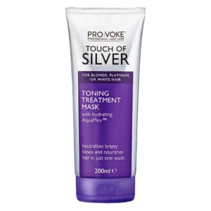Touch of Silver toning treatment mask with violet pigment neutralises brassy tones in blonde, platinum, white, or grey hair, leaving it soft and hydrated in just three minutes.