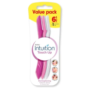 The Intuition Touch-Up Razor is a multipurpose tool that shapes eyebrows, removes fine hairs, and gently exfoliates skin, featuring a precision cover for safe and easy use on the go.