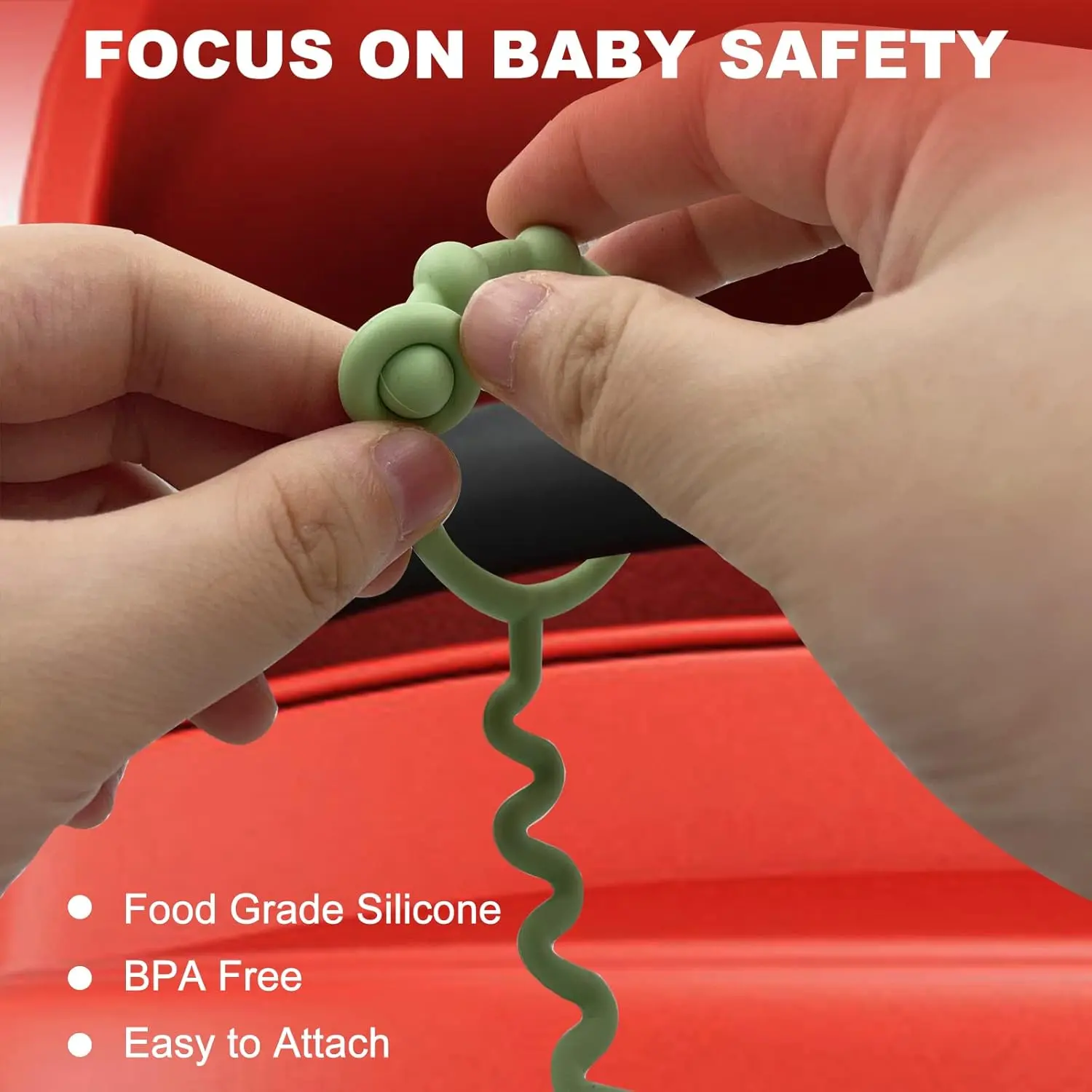 Five colorful, adjustable silicone toy straps for baby are displayed, demonstrating how they securely attach a teether, sippy cup, and other toys to a stroller, keeping them clean and off the ground.