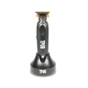 This is a black TPOB X trimmer with a charging stand, made of metal.