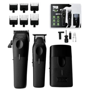 Black TPOB Play barber clippers with oil reservoirs and six guide combs, perfect for fades, with a charging base, trimmer, and shaver.