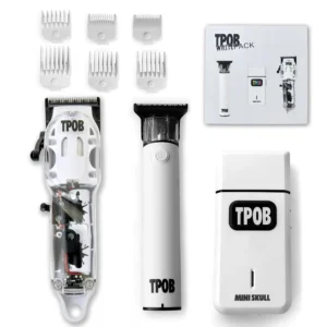 The TPOB Slime 2 professional white hair clippers feature a diamond-coated X blade for seamless blends, cool blade technology, and color-coded guide combs.