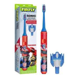 FIREFLY Transformers sonic toothbrush for kids ages 3 and up with soft bristles, 2-minute timer, 3D cover, and recyclable components.