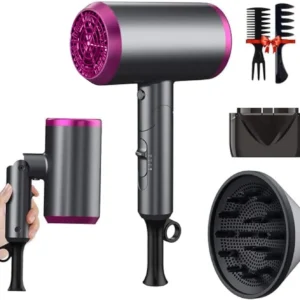 This lightweight travel hair dryer with diffuser and concentrator offers professional styling with ionic conditioning for smooth, shiny, frizz-free hair.