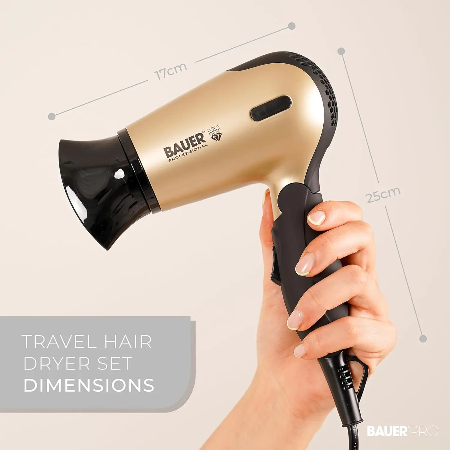 This travel hair dryer set includes a compact 1200W dual voltage hair dryer with folding handle, hairbrush, comb, and carry case for easy and stylish hair maintenance on the go.