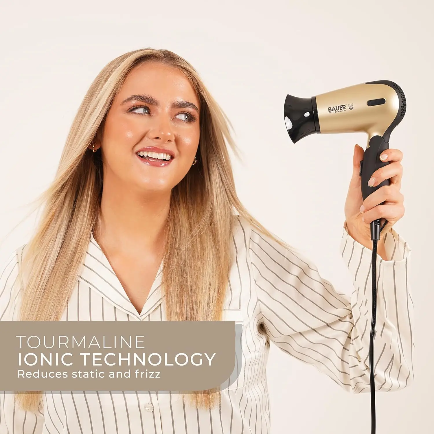 This travel hair dryer set includes a compact 1200W dual voltage hair dryer with folding handle, hairbrush, comb, and carry case for easy and stylish hair maintenance on the go.