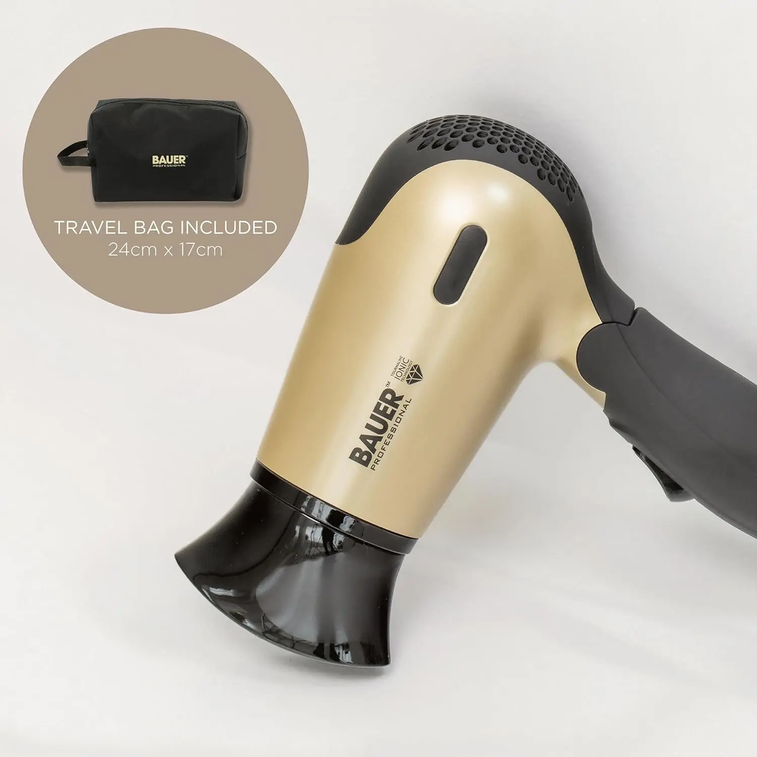 This travel hair dryer set includes a compact 1200W dual voltage hair dryer with folding handle, hairbrush, comb, and carry case for easy and stylish hair maintenance on the go.