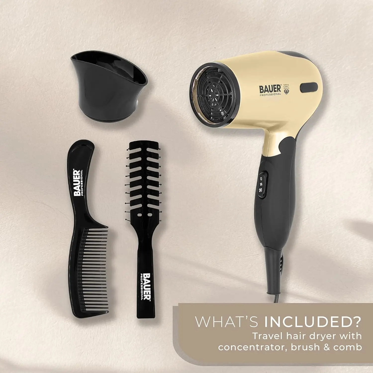 This travel hair dryer set includes a compact 1200W dual voltage hair dryer with folding handle, hairbrush, comb, and carry case for easy and stylish hair maintenance on the go.
