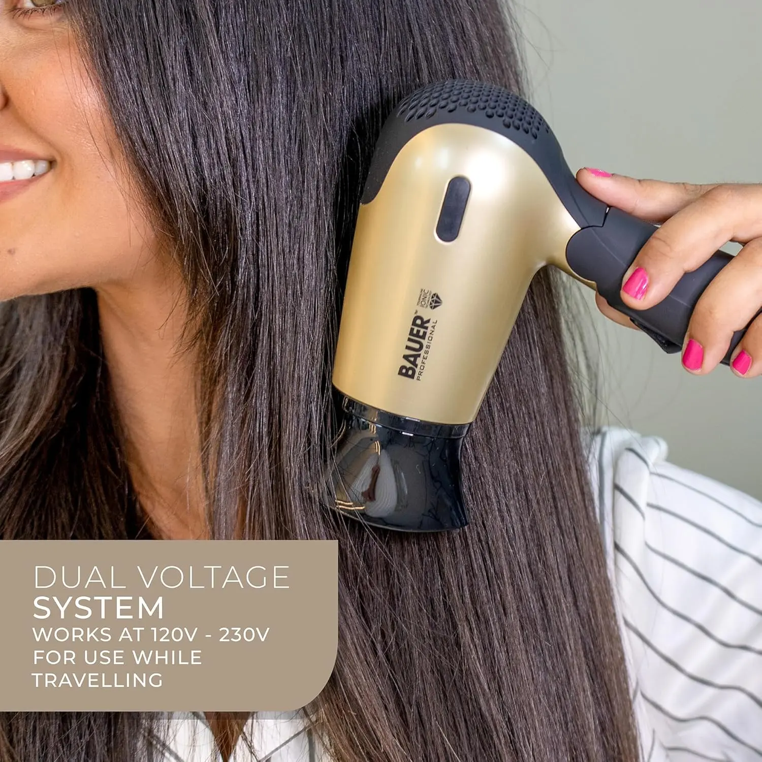 This travel hair dryer set includes a compact 1200W dual voltage hair dryer with folding handle, hairbrush, comb, and carry case for easy and stylish hair maintenance on the go.