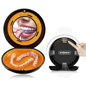 This portable travel retainer case in black features a built-in mirror, secure magnetic closure, and ventilation holes to keep your Invisalign aligners, mouthguards, or dentures clean and protected on the go.