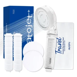 This travel shower filter set includes a mini filtered showerhead, two refill filters, and a travel pouch, providing cleaner, softer water for skin and hair wherever you go, inspired by Korean beauty rituals.