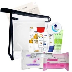 This travel toiletries set for women includes TSA approved shampoo, conditioner, shower gel, antiperspirant, face wash, toothpaste, toothbrush, cleansing wipes and intimate hygiene wipes, perfect for holiday and hospital stays.