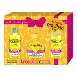 Treaclemoon Brazilian Love vegan gift set with shower gel, fragrance mist, bath fizzer, and hand and body creme for a tropical pampering experience.