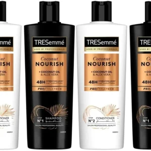 This image shows TRESemmé Botanique Nourish & Replenish shampoo and conditioner set formulated with coconut milk and aloe vera to gently cleanse, smooth, and nourish hair.