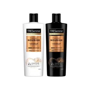 TRESemme Coconut Nourish shampoo and conditioner set with coconut oil and aloe vera for hydrated and shiny hair, suitable for colored hair.