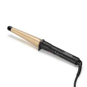 The TRESemme Curl Define Conical Curling Wand creates textured waves and curls with its tapered 19mm-32mm ceramic barrel, featuring adjustable heat settings and includes a heat-proof mat.