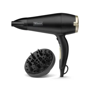 This is a TRESemmé 2200W professional hair dryer with a concentrator nozzle, designed for salon-quality styling, ionic conditioning, and enhancing curls with the included soft finger diffuser.