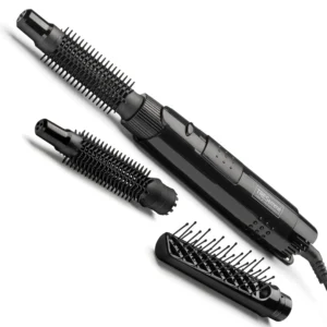 Black TRESemmé Full Finish Hot Air Styler with three interchangeable brush attachments and three heat settings, backed by a 3-year guarantee.