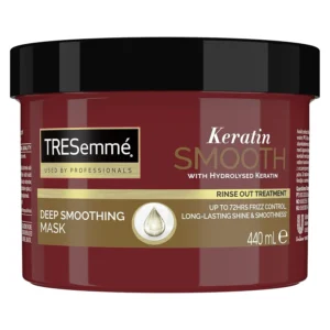 A jar of TRESemmé Keratin Smooth Deep Smoothing Mask promising soft, shiny, and frizz-free hair with keratin and marula oil.
