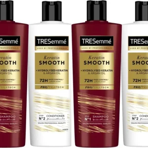 This set includes two bottles of TRESemme Keratin Smooth Shampoo and two bottles of Keratin Smooth Conditioner with Argan oil, offering up to 72 hours of frizz control for sleek, shiny, and manageable hair with natural movement.