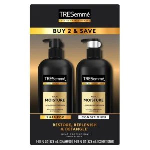 TRESemmé Moisture Rich shampoo and conditioner set for dry, damaged hair, formulated with vitamin E to hydrate and restore shine.