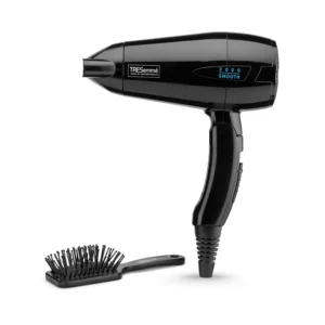 TRESemmé Smooth Lustre folding 2000W travel hair dryer with tourmaline-ceramic technology, two heat/speed settings, a lightweight design, multi-voltage capability, and a folding handle for easy packing.