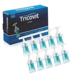 Ten ampoules of Tricovit Forte hair growth treatment for men and women, formulated to induce hair growth and treat androgenic alopecia.