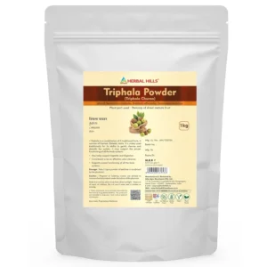 A 1kg pouch of Herbal Hills Triphala churna powder, an ancient healthcare remedy to support healthy digestion, metabolism, and natural detoxification.