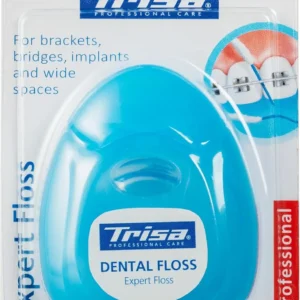 TRISA Expert 2 in 1 dental floss effectively cleans wide interdental spaces, braces, bridges, and implants, removing food and plaque.