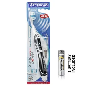 Trisa Sonicpower Battery Electric Toothbrush with medium bristles and travel cap for excellent cleaning and protection against dirt.