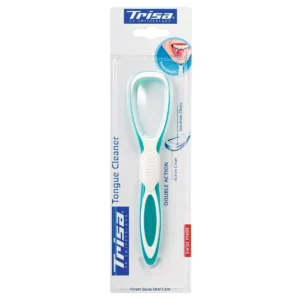 A blue Trisa Professional Tongue Cleaner with double action for effective tongue cleaning and fresh breath, made by Kori.