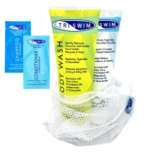 The TRISWIM gift set includes body wash and lotion to remove chlorine after swimming.